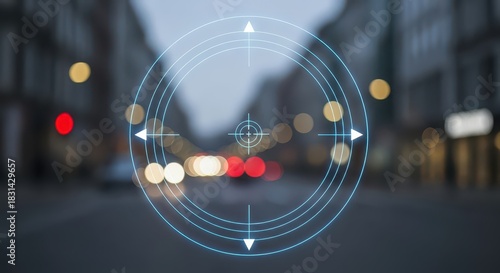 Illuminated digital targeting reticle displays over a blurred urban street scene at dusk