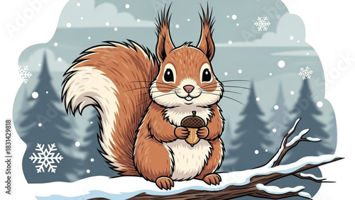 Cute squirrel holding acorn in winter scene vector illustration for design and decoration use case of art