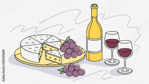 Vector illustration illustration of a cheese wheel with a slice cut out, served with purple grapes and a bottle of wine with two glasses