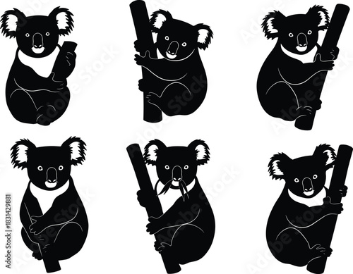 Koala silhouettes collection, climbing, sitting, holding branches, cute animals, Australian wildlife, black shapes, forest design, flat vector