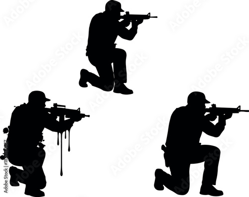 Kneeling armed soldier silhouettes in tactical poses for security, military, combat concepts – flavector