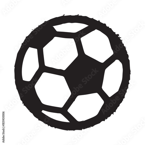 A simple black and white vector design of a soccer ball created with spray paint effects, using splattered details and stencil like lines to produce a strong street art inspired look.