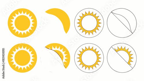 Vector illustration set of solar eclipse phases illustration showing full sun, crescent, and partial obscuration stages