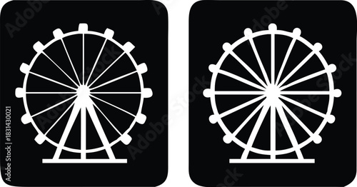Vector illustration two black and white icons representing a ferris wheel or observation wheel structure in a simple graphic style