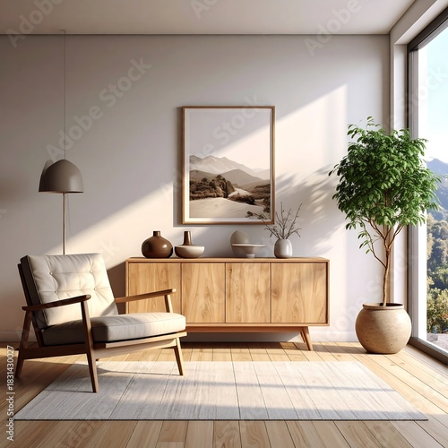 Sunny minimalist interior featuring wooden furniture and natural light