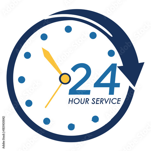 Vector illustration clock icon representing 24 hour service availability and constant support