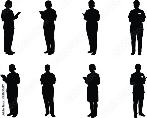 Medical staff silhouettes, healthcare professionals standing, clinical workers with clipboards, hospital documentation team flat vector