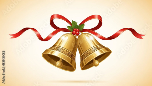 Golden christmas bells with red ribbon and holly berry clip art vector illustration for holiday season 100 char