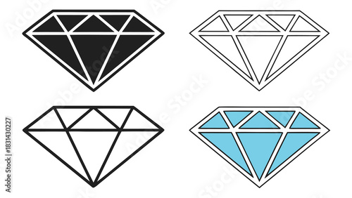 Vector illustration set of four diamond icons in different styles including solid black outline and color fill