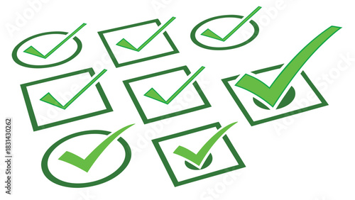 Vector illustration set of green check mark icons inside circles and squares, symbolizing confirmation and completion