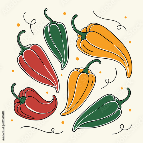 Vector illustration collection of colorful chili peppers in red, green, and orange shades, drawn in a simple, stylized vector art illustration