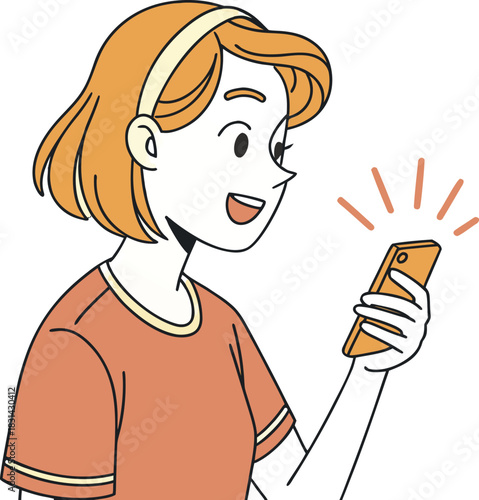 Vector illustration happy young woman looking at her smartphone with excitement