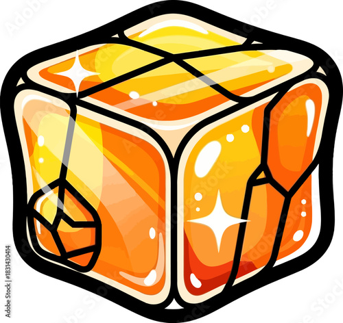 Golden cube illustration with glossy appearance and black outline design.