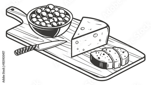 Vector illustration black and white line art illustration of a cheese board with a wedge of cheese, sliced bread, a bowl of grapes, and a knife on a cutting board