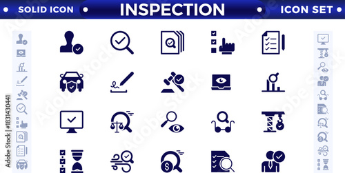Inspection web icons set in solid design. Pack of inspection, hire, calculation money, coaching, protection, cooperation, success, and task.
