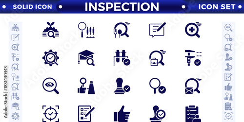 Inspection web icons set in solid design. Pack of inspection, hire, calculation money, coaching, protection, cooperation, success, and task.
