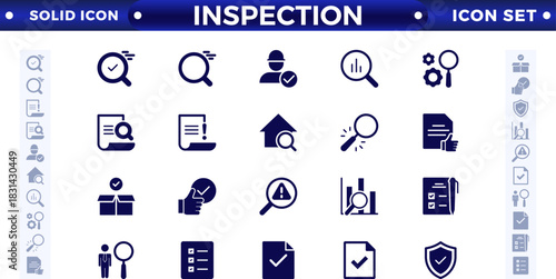 Inspection web icons set in solid design. Pack of inspection, hire, calculation money, coaching, protection, cooperation, success, and task.
