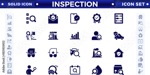 Inspection web icons set in solid design. Pack of inspection, hire, calculation money, coaching, protection, cooperation, success, and task.
