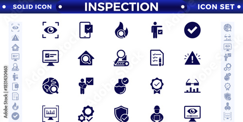 Inspection web icons set in solid design. Pack of inspection, hire, calculation money, coaching, protection, cooperation, success, and task.
