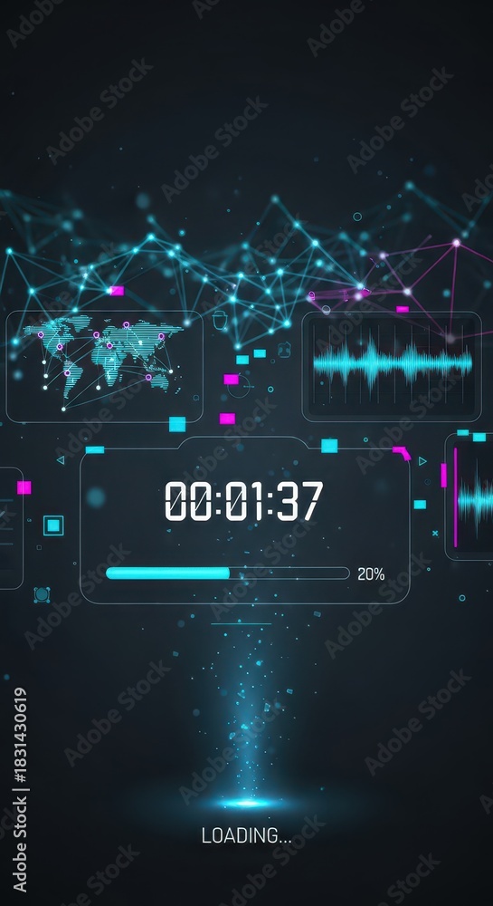 Fototapeta premium Digital interface displays system information including a timer, progress bar, and global network visualization