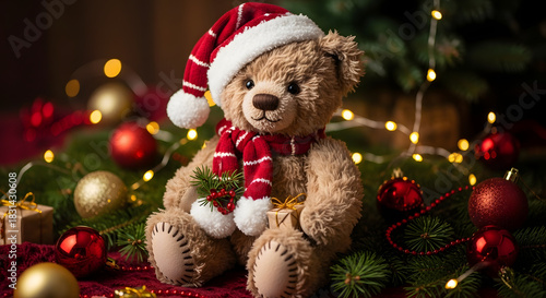 Wallpaper Mural Festive Teddy Bear Ready for Christmas with Santa Hat and Gift in a Cozy Setting Torontodigital.ca