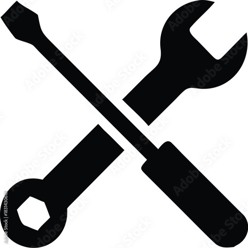 Vector illustration black silhouette icon of crossed wrench and screwdriver tools for repair and maintenance service