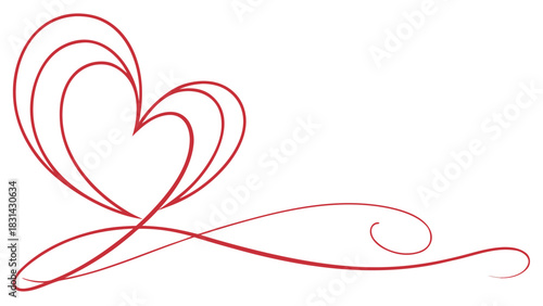 Vector illustration elegant red line art heart shape with flowing swirl flourish for romantic design