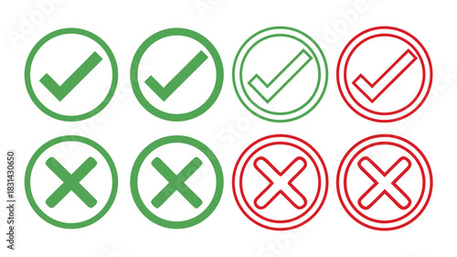 Vector illustration set of eight icons showing green check mark and red cross mark symbols for approval and rejection