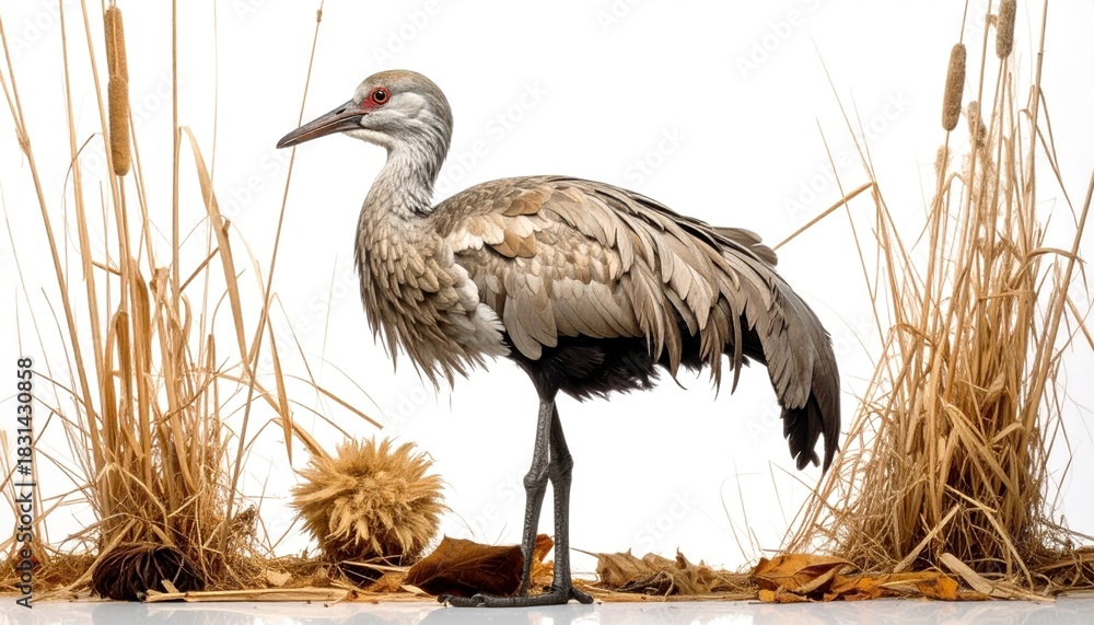 Obraz premium Crane bird standing among reeds with white background.