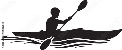 Silhouette of Kayaker Paddling on Water Vector Graphic Illustration