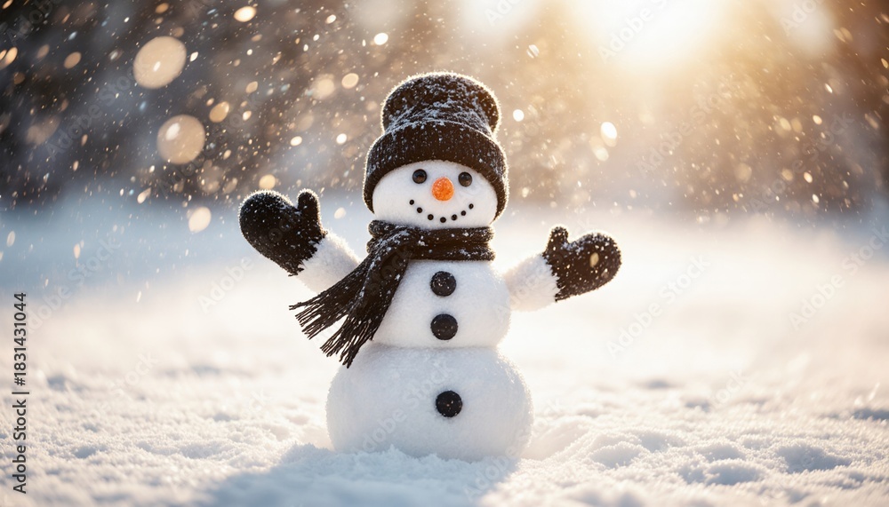 Obraz premium Frosty Snowman in Winter Wonderland with Snow and Sunshine