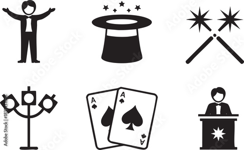 Variety of Magic and Entertainment Icons in Black and White Style