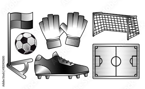 soccer football vintage woodcut illustration set of sport gear including ball goal post goalie gloves corner flag shoes field pitch layout