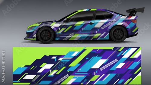 A sporty car with a vibrant, colorful circuit board-inspired graphic wrap design, showcasing the full pattern below.