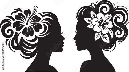 Two silhouettes of women with elaborate hairstyles and tropical flowers