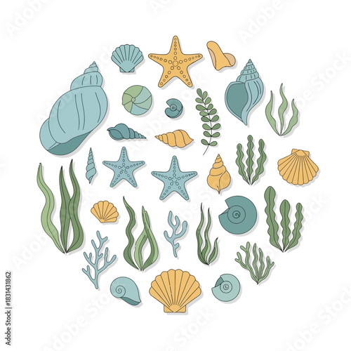 Charming collection of seashells, starfish, and underwater plants creating a delightful nautical pattern perfect for summer designs