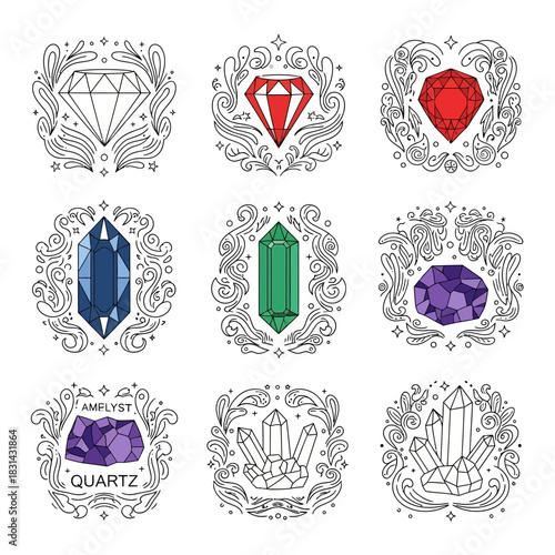 Collection of elegant gemstone icons with ornate floral borders, perfect for branding, logos, and modern design projects