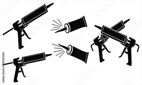 Set of caulk gun and sealant tube illustrations, depicting various construction and repair tools for home improvement, sealing, and DIY projects