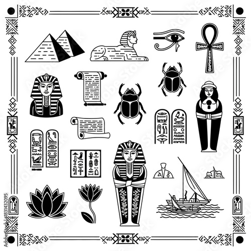 Discover ancient Egyptian symbols including pyramids, sphinx, pharaoh, ankh, scarabs, hieroglyphs, and sarcophagus for historical projects