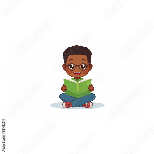 A Cartoon Boy Reading a Book with Enthusiasm and Joy