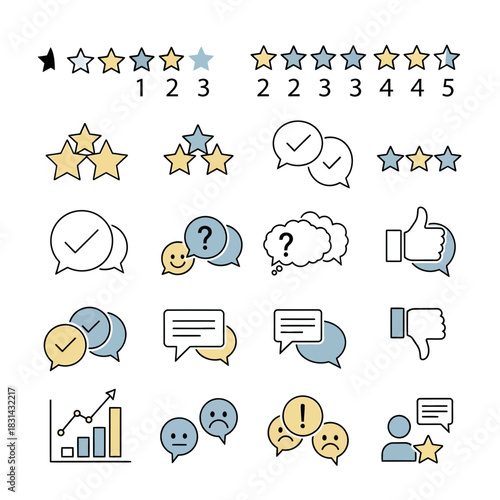 Customer feedback icons including star ratings, chat bubbles with checkmarks and questions, thumbs up/down, and sentiment analysis charts for reviews and surveys.