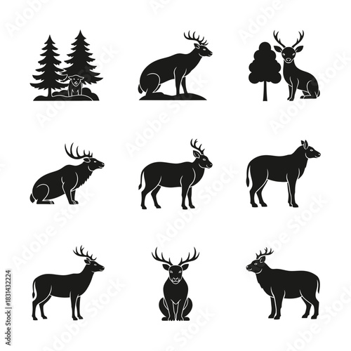 Stunning collection of elegant deer silhouettes in diverse poses and natural settings perfect for wildlife branding and design