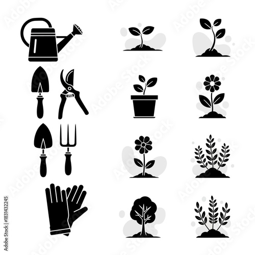 Cultivate vibrant gardens with essential tools like watering cans, trowels, pruners, and gloves, plus charming plant growth illustrations