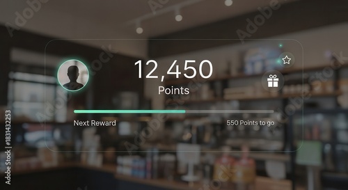 Digital loyalty program interface displays accumulated customer rewards points over a blurred retail background