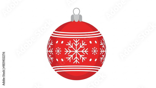 Festive red christmas ornament with snowflake design isolated on white background creating a cheerful holiday season atmosphere and winter celebration