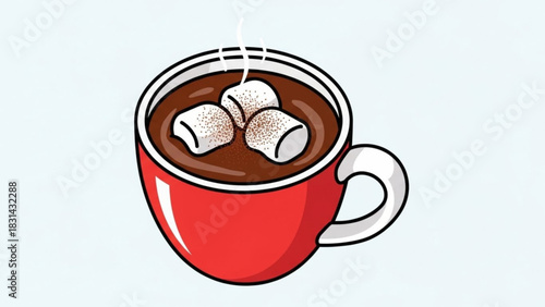 Red mug filled with hot chocolate and marshmallows on a light blue background perfect for winter holiday designs and cozy seasonal promotions