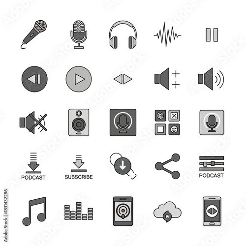Dynamic collection of podcasting and audio icons, perfect for media creators, broadcasters, and digital content platforms seeking professional assets.