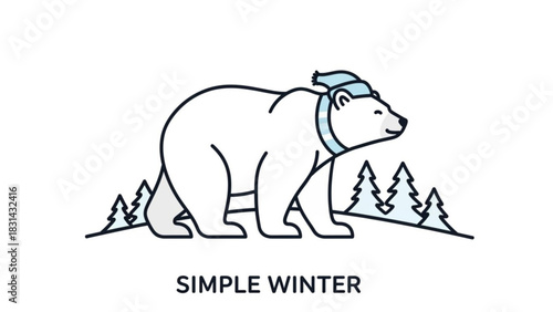 Cartoon polar bear wearing a scarf and hat standing near pine trees in a winter landscape illustration for children's book or holiday card design