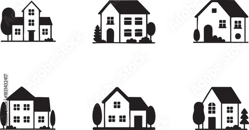 Collection of stylized house vector illustrations with tree and garden elements