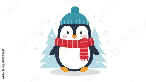 Festive winter penguin wearing a hat and scarf standing in a snowy scene with christmas trees creating a cheerful holiday atmosphere